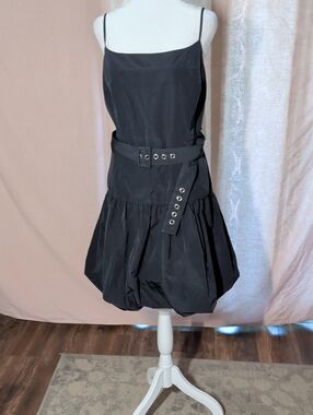 DKNY Black Spaghetti Strap Bubble Hem Dress with Grommet Belt